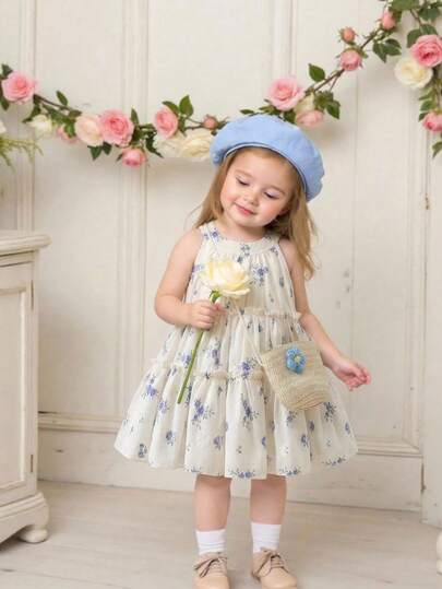 SHEIN Infant/Baby GirlSweet Ditsy Floral Round Neck Princess Dress + Matching Flower Decor Mini Bag, Sleeveless, Comfortable & Fashionable For Daily Wear, Summer
