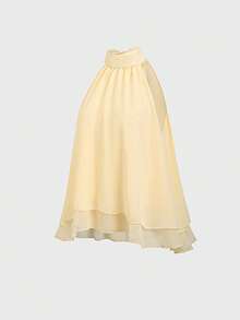 Sweetra Women's Solid Color Ruffle Hem Halter Neck Blouse, Spring/Summer - Light Yellow - View 3