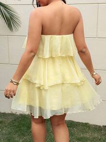 Sunnyshic 大码纯色荷叶边下摆休闲夏季抹胸连衣裙 - 黃色 - 查看 2