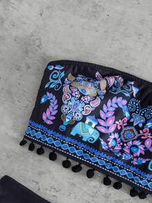 Swim Vcay 女款黑色夏季波西米亞風兩件式比基尼套裝，刺繡花卉大象平口短版上衣，高腰性感三角褲，適合海灘派對、度假、度假氛圍 - 黑色 - 查看 6