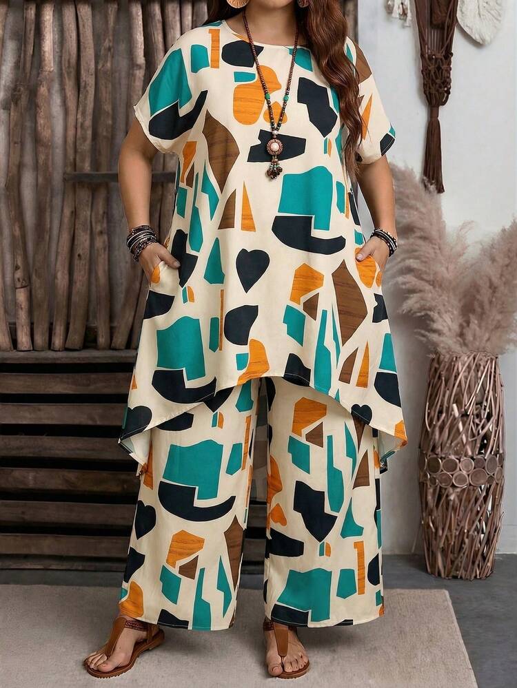 2pc Set Plus Size Women's Summer Casual Vacation Country 2 Pieces Set: Geometric Print Shirt And  Wide Leg Pants 2 Piece Set With Pockets,Summer Outfits For Women ,Vacation Outfits Women ,Holiday Outfits For Women,Going Out Outfits,2026 New Clothes,Simple And Fashionable For Everyday Wear,Suitable For Summer, Vacation, Daily Wear, Festival Outfits For Women,Country Concert Outfit,Beach Outfits For Women,Western Style