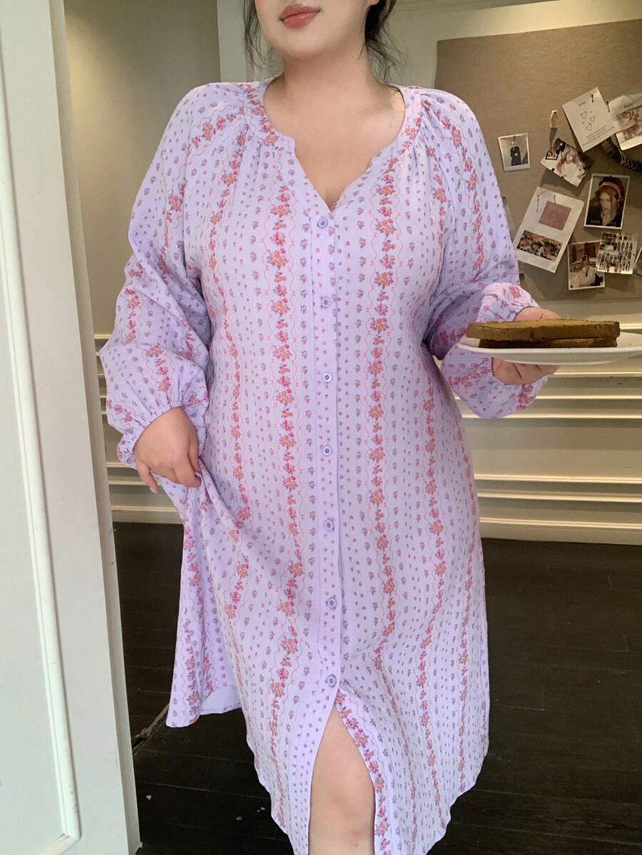Dazy Plus Plus Size Women Loose Fit Floral Print Lantern Sleeve Midi Nightgown, Comfortable Crepe Fabric, Vacation Style, Spring/Summer - Purple - View 1