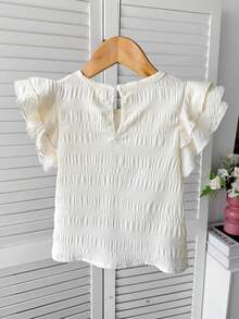 SHEIN LMoss Kids 女童纯色圆领荷叶边休闲衬衫 - 米色 - 查看 2