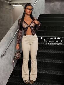 SHEIN Tall Quần jeans nữ ống loe cạp trung có túi, màu be, quần kaki nữ, quần công sở nữ, quần định hình vòng ba - Màu be - Xem 6