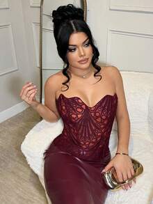 Dayanna Comas 女士性感系带胸衣塑身衣 - 酒紅色 - 查看 5