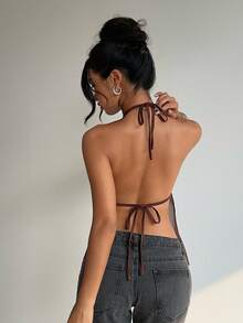 Aloruh Women's Elegant Tie-Up Beaded Embroidered Patchwork Brown Backless Camisole,Sequin Top,Summer Top - Brown - View 2