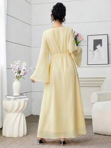 Yasmyna V-Neck Front Embroidered Bubble Pearl Flare Sleeve Dress, Arabic Style - Yellow - View 2