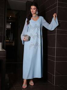 Al Najma Middle Eastern Arabic Style Loose Fit Long Dress, V-Neck Front Panel With Light Blue Beaded Embroidery, Traditional Robe Night Autumn Modest - Blue - View 7
