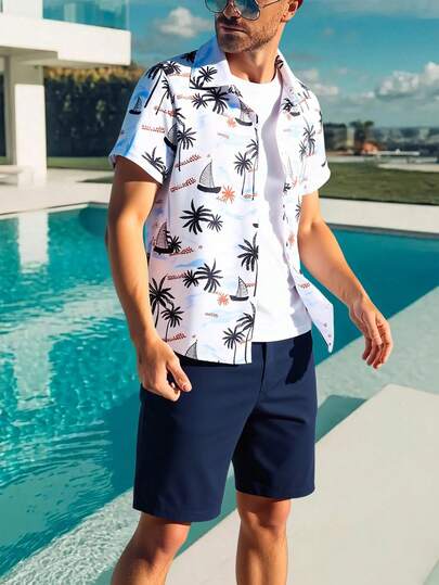 两件套夏季休闲青少年男童短袖衬衫短裤套装，热带棕榈树和帆船印花，宽松版型，透气舒适，时尚百搭，适合日常、海滩、度假穿着。