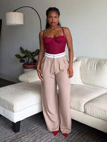 Tyla Gomez Traje informal con pantalones de pierna ancha de color contrastante con bolsillo para otoño/invierno - Caqui - Ver 1
