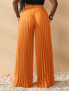 Zivah 夏季优雅弹力腰黄色褶皱大裤脚超长阔腿裤女裤-C - 橘色 - 查看 3