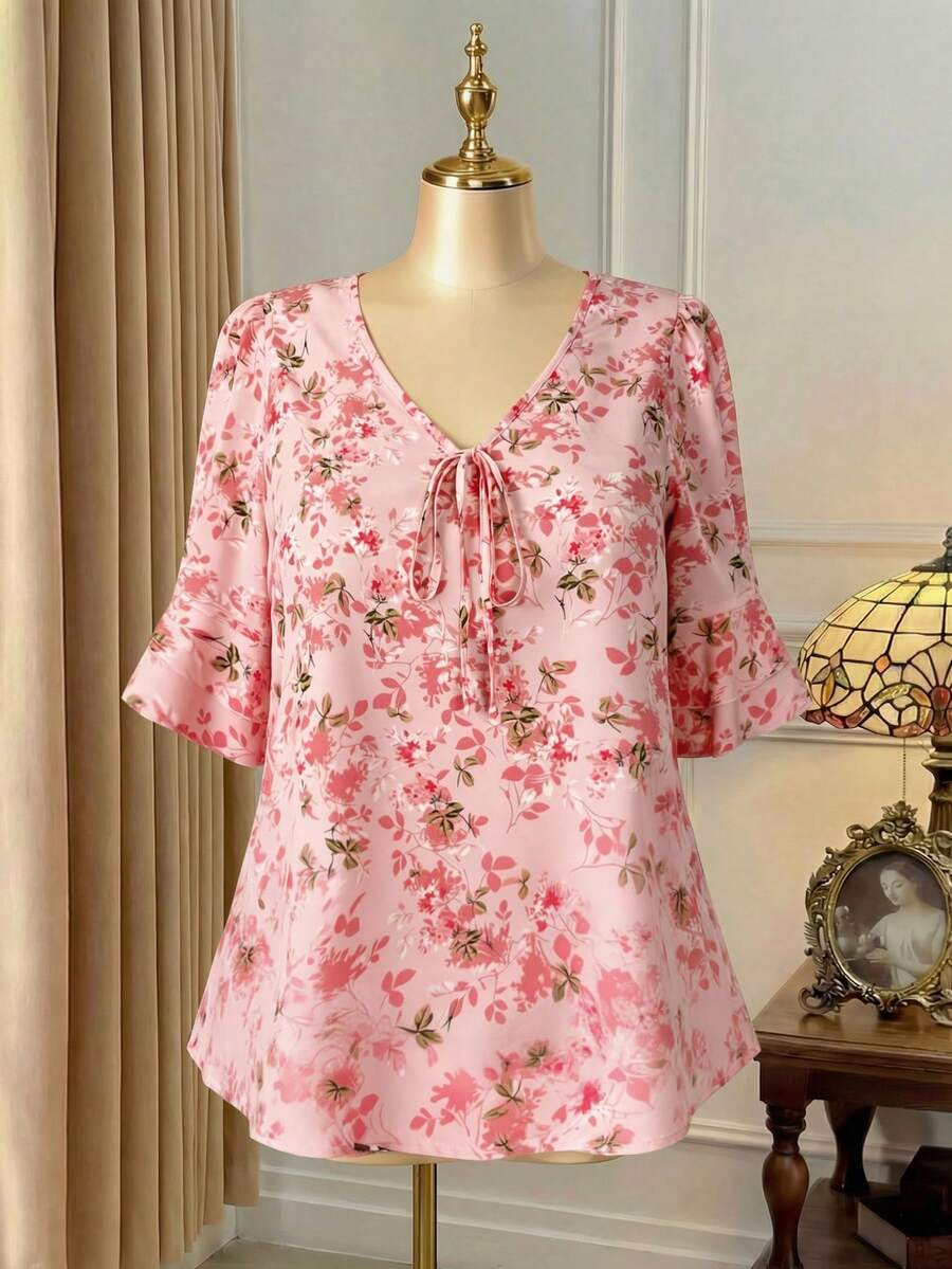 SHEIN Clasi Floral Pattern V-Neck Ruffled Double-Layer Mid-Sleeve Women Blouse - Pink - View 1