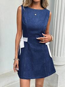 Serisse Đầm denim nữ không tay dáng suông, thắt eo, thích hợp cho mùa hè, xuân hè, lễ hội, đi làm, nghỉ mát, tốt nghiệp, phong cách Y2K, dễ thương, thời trang đường phố, dự tiệc, đám cưới, thanh lịch, công sở, thường ngày. Đầm denim mini dáng chữ A không tay với chi tiết buộc dây bên hông sành điệu, hoàn hảo cho trang phục thường ngày mùa hè. - Rửa tối - Xem 4