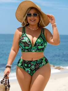 Swim Lushoire Conjunto de bikini con estampado tropical para mujer de talla grande - Verde - Ver 4