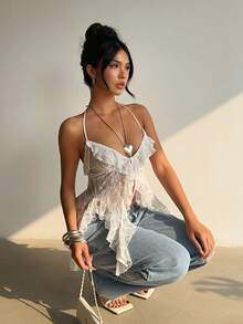 Aloruh 修身蕾丝薄纱长缎带设计不对称下摆女士吊带背心 - 白色 - 查看 5