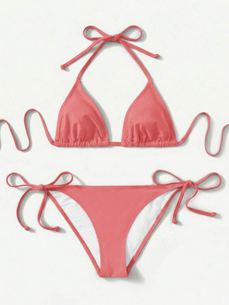 SHEIN Swim Basics 纯色比基尼，适合海滩度假 - 藕粉色 - 查看 1