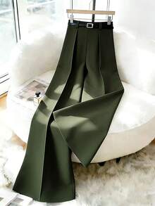 Elenzga Mẫu quần ống rộng màu xanh quân đội cổ điển mới năm 2026, kiểu dáng suông cạp cao, thích hợp cho nữ giới vào mùa xuân và mùa thu. - xanh quân đội - Xem 3