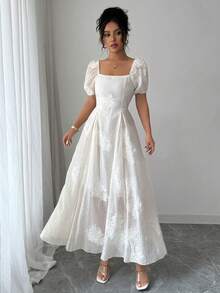 Elenzga Elegant French Style Apricot Square Neck Jacquard Mesh Long Dress With Puff Sleeves, Waist Gathering Design, Slimming & Charming Dress - Apricot - View 8