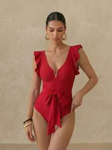 Anewsta Viền Ruffle Thắt lưng Đồ bơi một mảnh - Đỏ - Xem 5