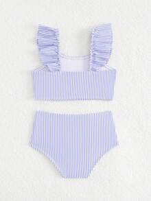 SHEIN Baby Girls' Minimalist Striped Children's Bikini Set, Ruffled Strap Tankini Swimsuit, Summer Cooling Style - Purple - View 2