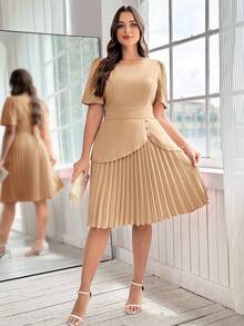 Ellevyn Plus Size Solid Color Asymmetrical Design Metal Buckle Decor Elegant Office Lady Pleated Dress - Camel - View 5