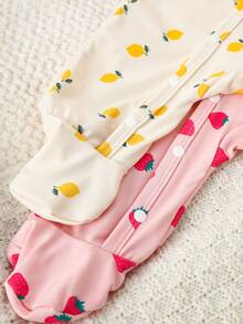 SHEIN 2件套新生女宝宝春秋季草莓柠檬印花前开襟按扣连体衣套装 - 彩色 - 查看 5