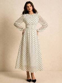 Poéselle Women's Elegant French Polka Dot Print Waist Cinched Long Tea Party Dress, Autumn White With Black Polkadot Dresses - Apricot - View 4