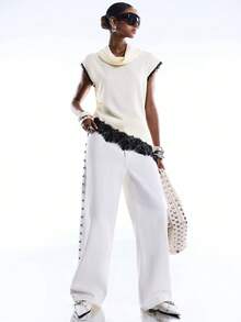 LYSMO 女士不对称下摆蕾丝边圆领衬衫 - 鵝黃色 - 查看 5