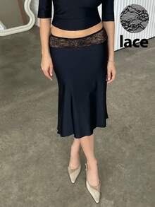 Siren Gaze Summer Low-Waisted Lace-Trimmed A-Line Midi Black Slim-Fit Skirt – An Elegant And Sophisticated Goddess-Style Skirt, Perfect For Commuting Long Skirt Low Waist Skirt Elegant Skirt Black Skirt - Black - View 7