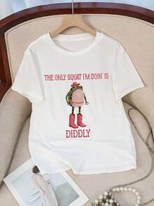 SHEIN 女士休闲宽松版型标语卡通青蛙印花圆领落肩T恤 - 白色 - 查看 6