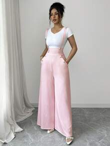 Elenzga 女士粉色印花高腰阔腿连体裤，带口袋和装饰扣，设计优雅精致，适合情人节、复活节、劳动节、生日、约会、派对、正式场合、教师装、旅行、春夏穿着。 - 粉色 - 查看 4