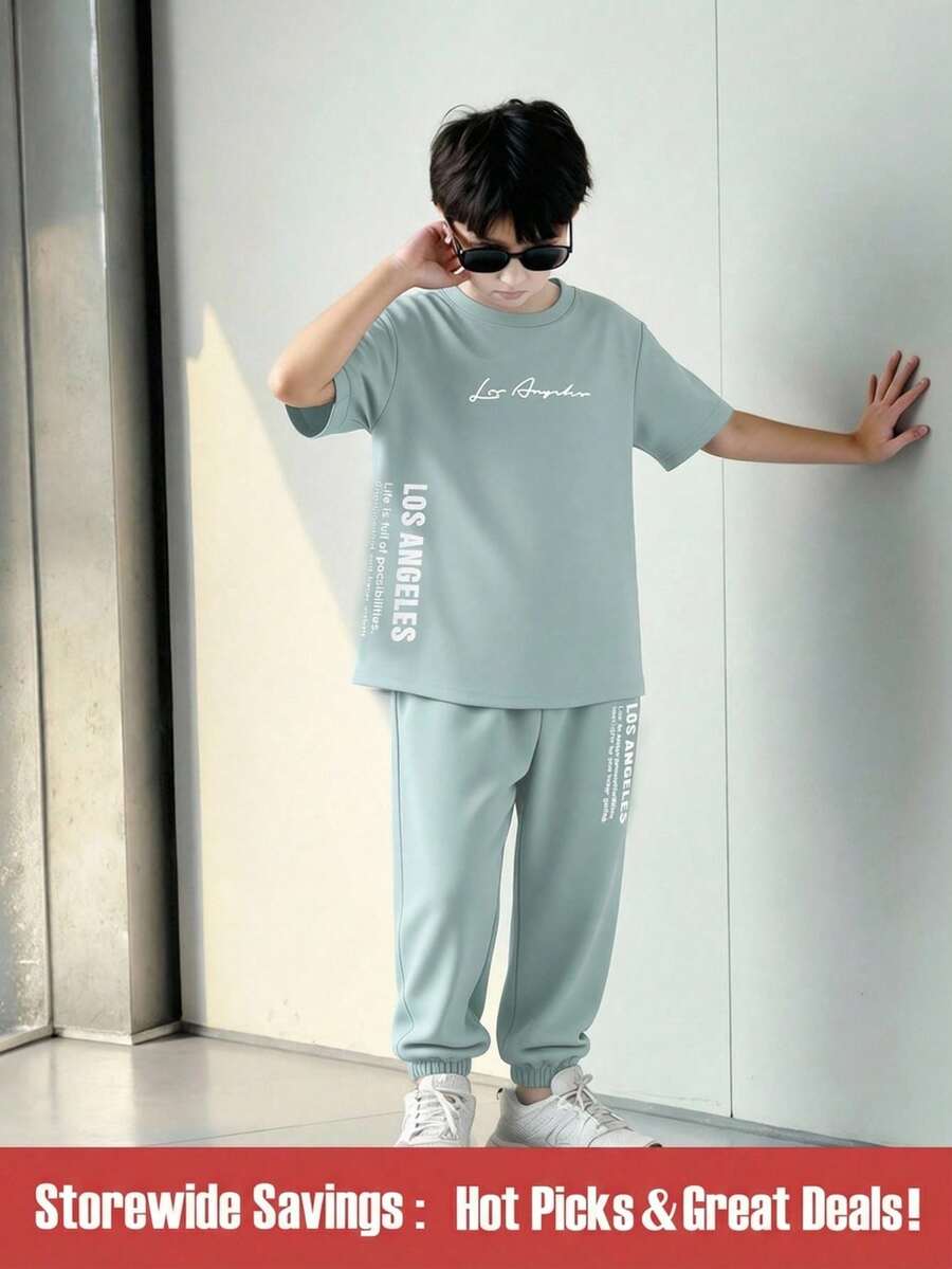 SHEIN Tween Boys Set Kantong Huruf Slogan Casual - Hijau - View 1