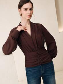 Anewsta Áo kiểu nữ mới, cổ chữ V sâu, chất liệu chiffon mỏng nhẹ, xếp ly, tay dài, ôm eo, thanh lịch. - màu nâu - Xem 6