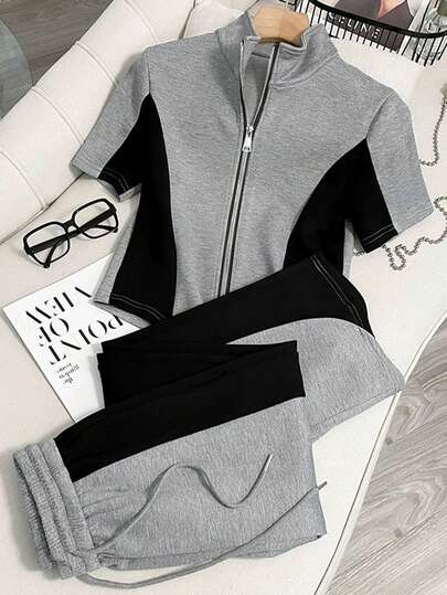 Franclia Fitted Regular Princess Seam Mandarin Collar Short Sleeve Cardigan Top + Side Pockets Long Pants