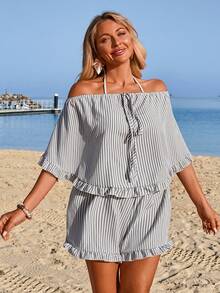 Swim Vcay Conjunto de top halter sin espalda a rayas y shorts para maternidad, cubrecuerpo para la playa - Multicolor - Ver 4