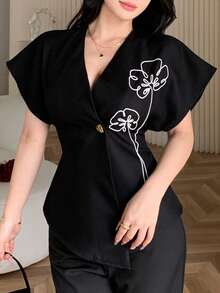 Feyla 女士优雅百搭裹身短袖西装外套 - 黑色 - 查看 8