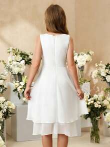 SHEIN Đầm midi không tay màu tím nhạt thanh lịch, xinh xắn dành cho bé gái, thích hợp cho tiệc tùng, lễ hội, các dịp trang trọng, bé gái cầm hoa, sinh nhật, biểu diễn. - trắng - Xem 2
