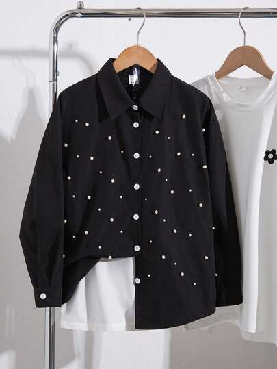 Tween Girl Faux Pearl Decor Single-Breasted Casual Versatile Daily Wear Shirt
