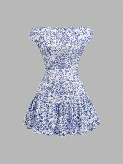 Olithes 波西米亚风圣诞新年法式蓝白碎花连衣裙，性感露肩碎花迷你A字裙，复古碎花短裙，适合约会、通勤或度假，清新优雅，展现温柔气质。