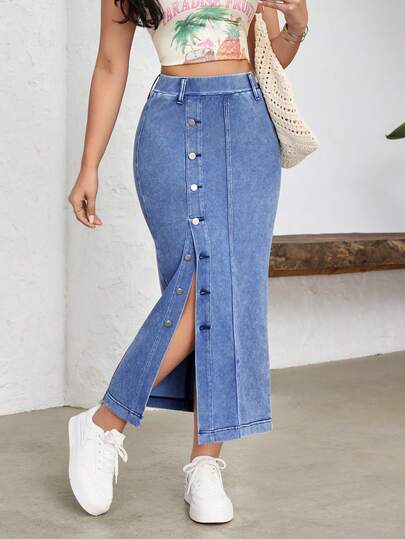 Flexra Front Button Fitted Denim Skirt