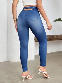 Flexra 女士休闲水洗高腰修身牛仔裤 - 藍色 - 查看 3