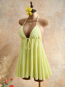 Mistrie Summer Beach Vacation New Arrival Spaghetti Strap Textured Light Yellow Puff Skirt, Sexy Open Back Umbrella Mini Dress For Women - Light Yellow - View 6