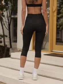 Aralina Leisurewear Scallop Waistband Active Spring Summer Exercise Vacation Beach Fitted Capri Pant Black - Black - View 2