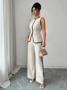 Rafferiza Women's Elegant Casual Contrast Trim 2 Pieces Set Elegant Black And White Contrast-Stitched Summer Two-Piece Set. - Apricot - View 3