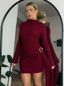 Bethéva 女士立领收腰极简喇叭袖修身中长连衣裙 - 酒紅色 - 查看 4