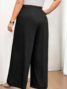 SHEIN CURVE+ Curve 尺码 US22 音乐节、海滨度假、波西米亚纯色休闲打结阔腿裤、阔腿亚麻裤、商务休闲女装 - 黑色 - 查看 5