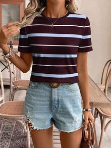 SHEIN Frenchy Áo thun nữ tay ngắn cổ tròn kẻ sọc, chất liệu 95% cotton, kiểu dáng thường ngày. - Nhiều màu - Xem 7