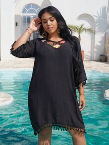 Swim Lushoire Plus Size Handmade Colorful Crochet Lace Long Sleeve Beach Cover Up - Black - View 6