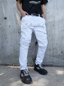 Manfinity EMRG Quần jean denim trắng rách, ôm sát, co giãn, thêu họa tiết hip-hop Mỹ. - trắng - Xem 6