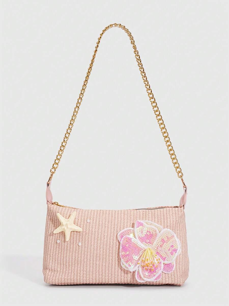 ROMWE Fairycore 1Pc Pink Vacation Style PU Shoulder Bag With Star & Pearl Decor, Tropical Island Pink Sequin Flower Beach Bag, Perfect For Spring & Summer Travel & Resort Outfits - Color F - View 1